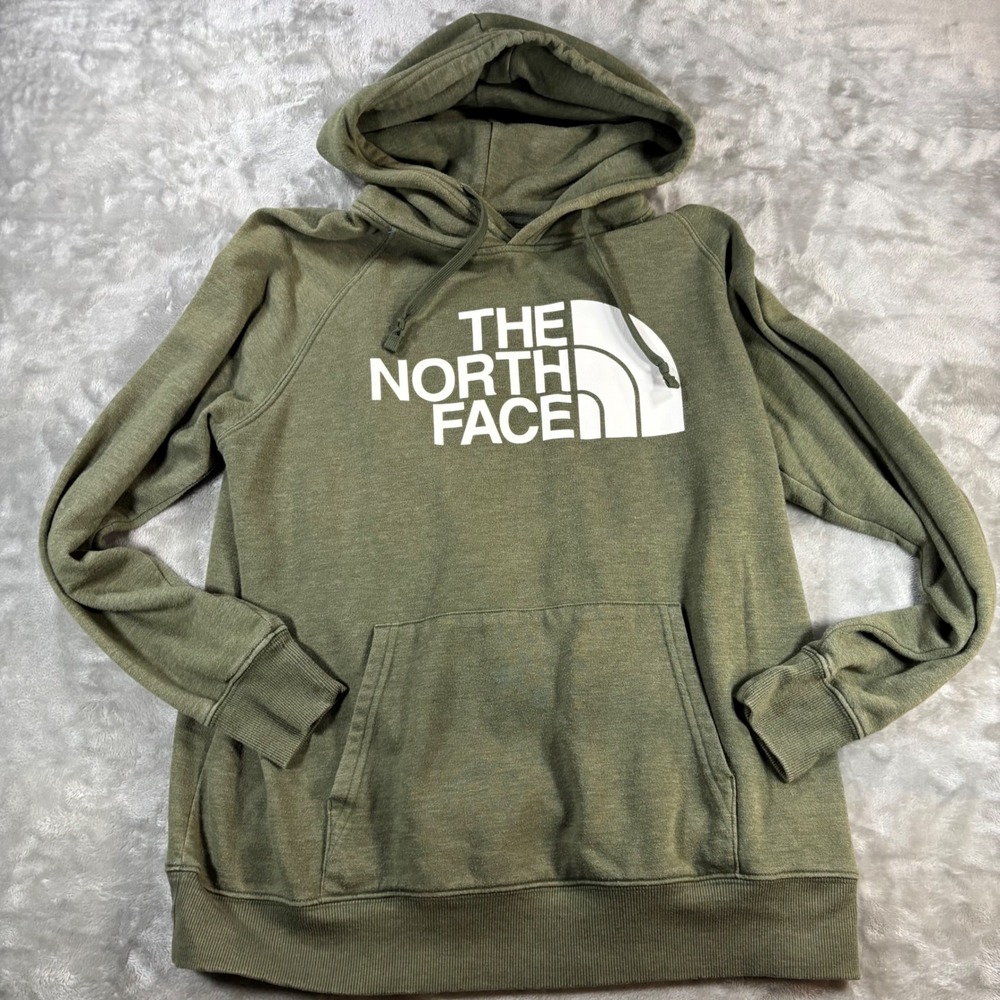 The North Face Womens Half Dome Hoodie Olive Green Logo Pullover Sweatshirt M